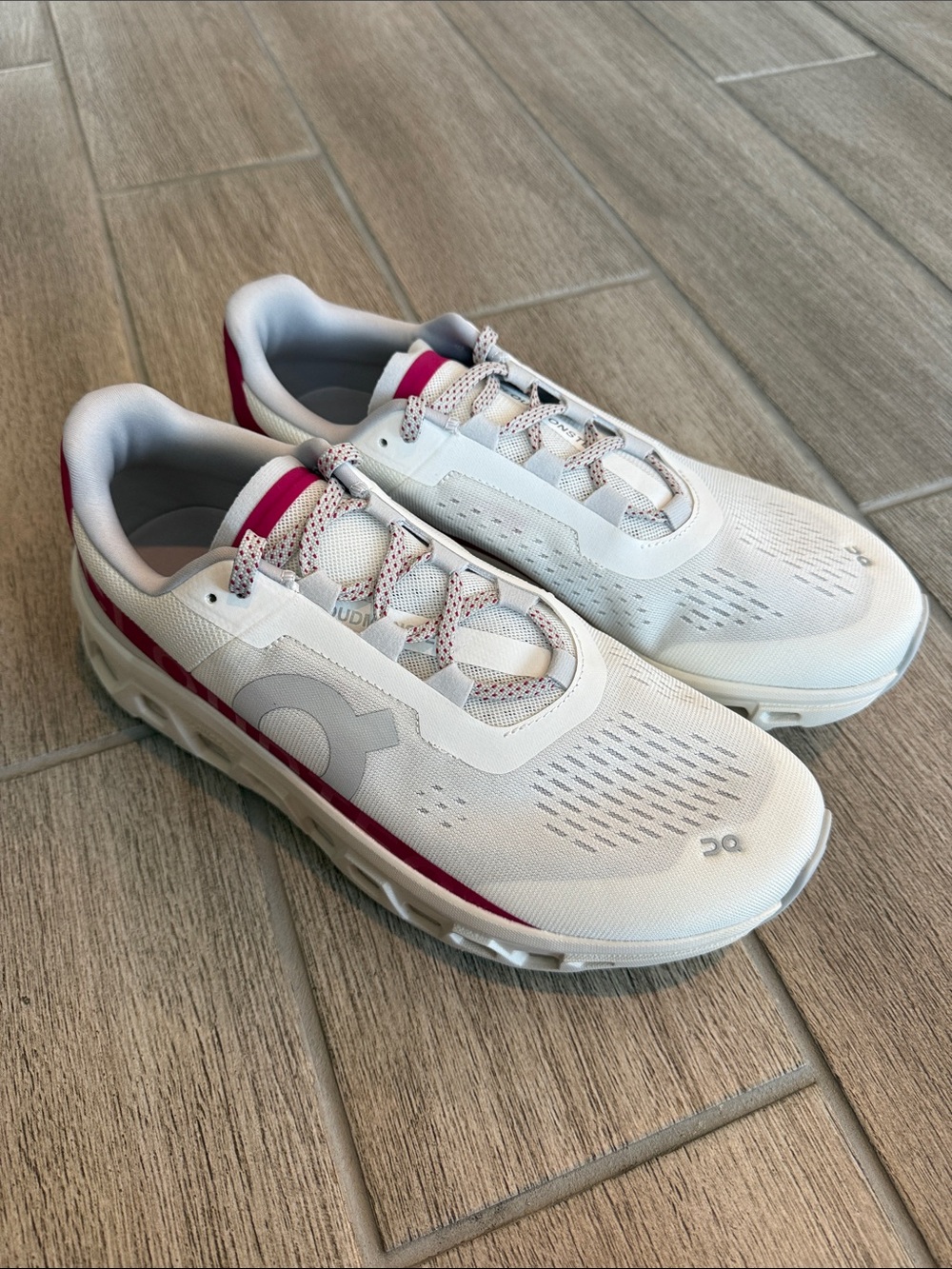 On Running White with Pink Accent Women's Cloudmonster Running Sneakers